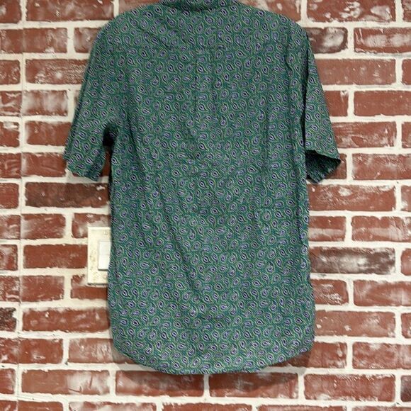 Liberty of London Green Paisley Geo Print Short Sleeve Button Down Tee Size 16 - Picture 2 of 6